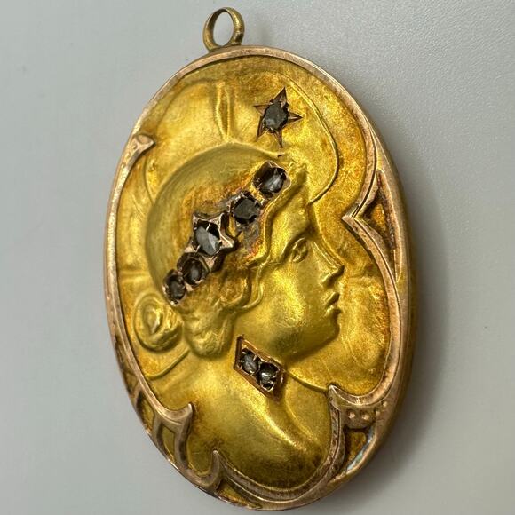 Antique Art Nouveau solid 18kt gold rose cut natural diamonds cameo pendant - Picture 4 of 10